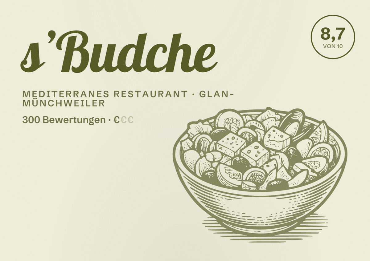 Illustriertes Poster von s’Budche, Mediterranes Restaurant in Glan-Münchweiler: Bewertung 8,7 von 10 aus 300 Bewertungen, Preisniveau €