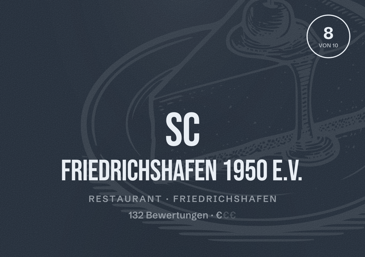Illustriertes Poster von SC Friedrichshafen 1950 e.V., Restaurant in Friedrichshafen: Bewertung 8 von 10 aus 132 Bewertungen, Preisniveau €