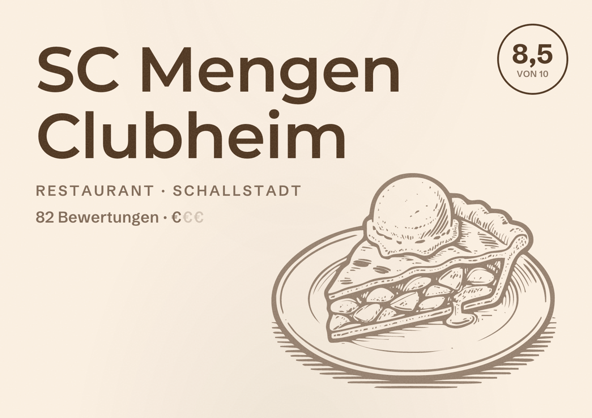 Illustriertes Poster von SC Mengen Clubheim, Restaurant in Schallstadt: Bewertung 8,5 von 10 aus 82 Bewertungen, Preisniveau €