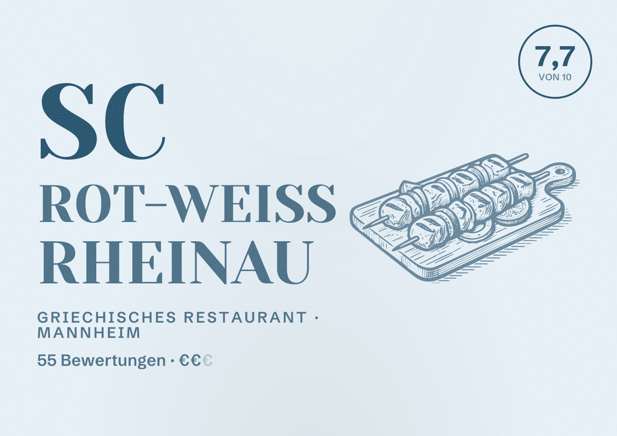 Illustriertes Poster von SC Rot-Weiß Rheinau, Griechisches Restaurant in Mannheim: Bewertung 7,7 von 10 aus 55 Bewertungen, Preisniveau €€