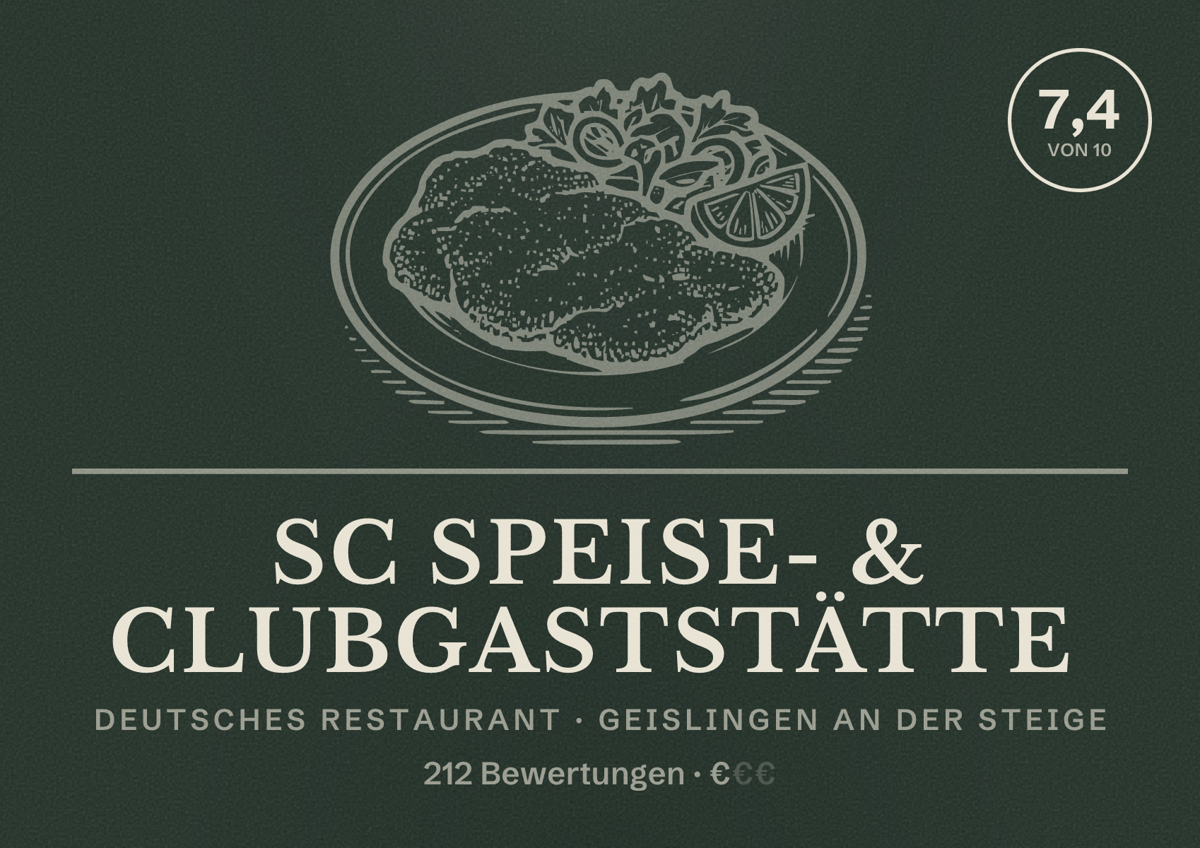 Illustriertes Poster von SC Speise- & Clubgaststätte, Deutsches Restaurant in Geislingen an der Steige: Bewertung 7,4 von 10 aus 212 Bewertungen, Preisniveau €