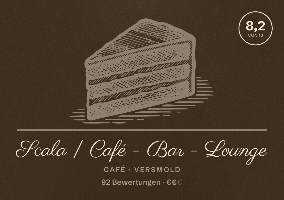 Illustriertes Poster von Scala | Café - Bar - Lounge, Café in Versmold: Bewertung 8,2 von 10 aus 92 Bewertungen, Preisniveau €€