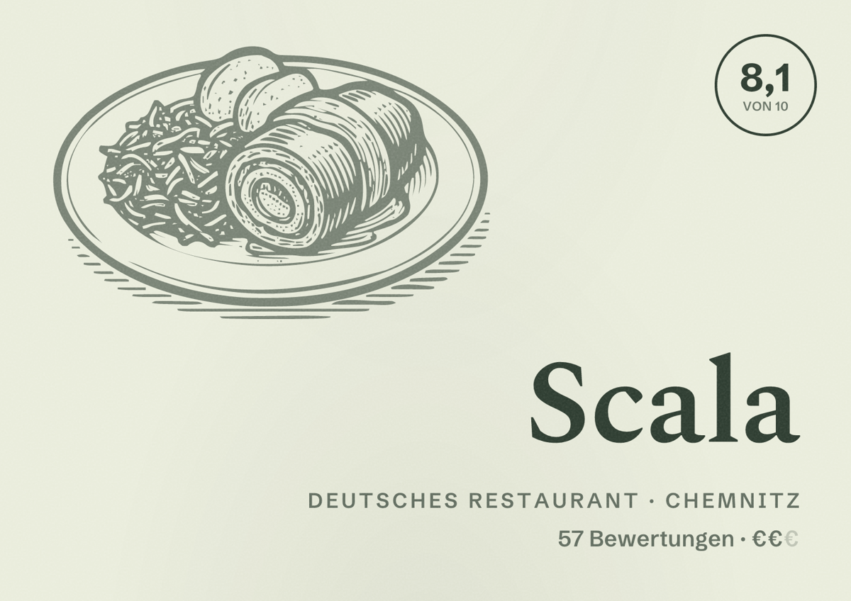 Illustriertes Poster von Scala, Deutsches Restaurant in Chemnitz: Bewertung 8,1 von 10 aus 57 Bewertungen, Preisniveau €€