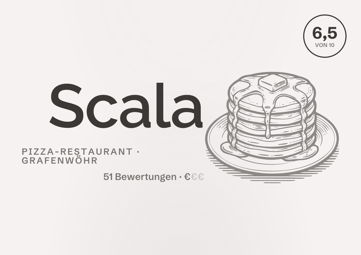 Illustriertes Poster von Scala, Pizza-Restaurant in Grafenwöhr: Bewertung 6,5 von 10 aus 51 Bewertungen, Preisniveau €