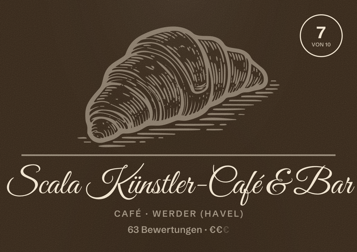 Illustriertes Poster von Scala Künstler-Café & Bar, Café in Werder (Havel): Bewertung 7 von 10 aus 63 Bewertungen, Preisniveau €€
