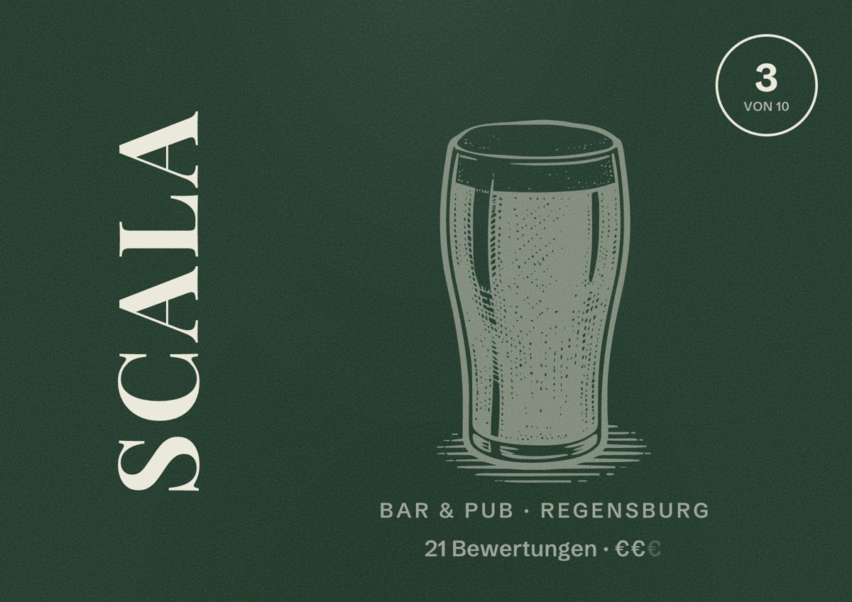 Illustriertes Poster von Scala, Bar & Pub in Regensburg: Bewertung 3 von 10 aus 21 Bewertungen, Preisniveau €€