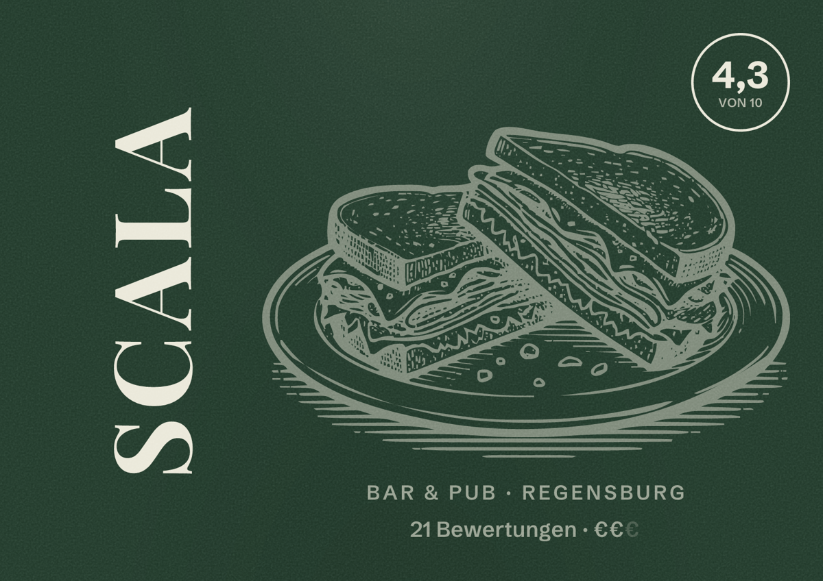 Illustriertes Poster von Scala, Bar & Pub in Regensburg: Gästebewertung 4,3 von 10 aus 21 Bewertungen