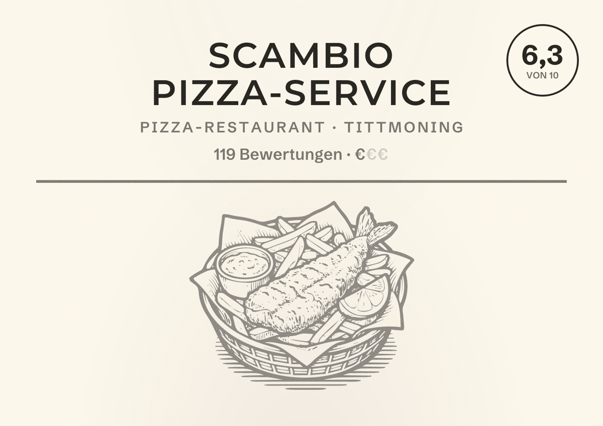 Illustriertes Poster von SCAMBIO Pizza-Service, Pizza-Restaurant in Tittmoning: Bewertung 6,3 von 10 aus 119 Bewertungen, Preisniveau €