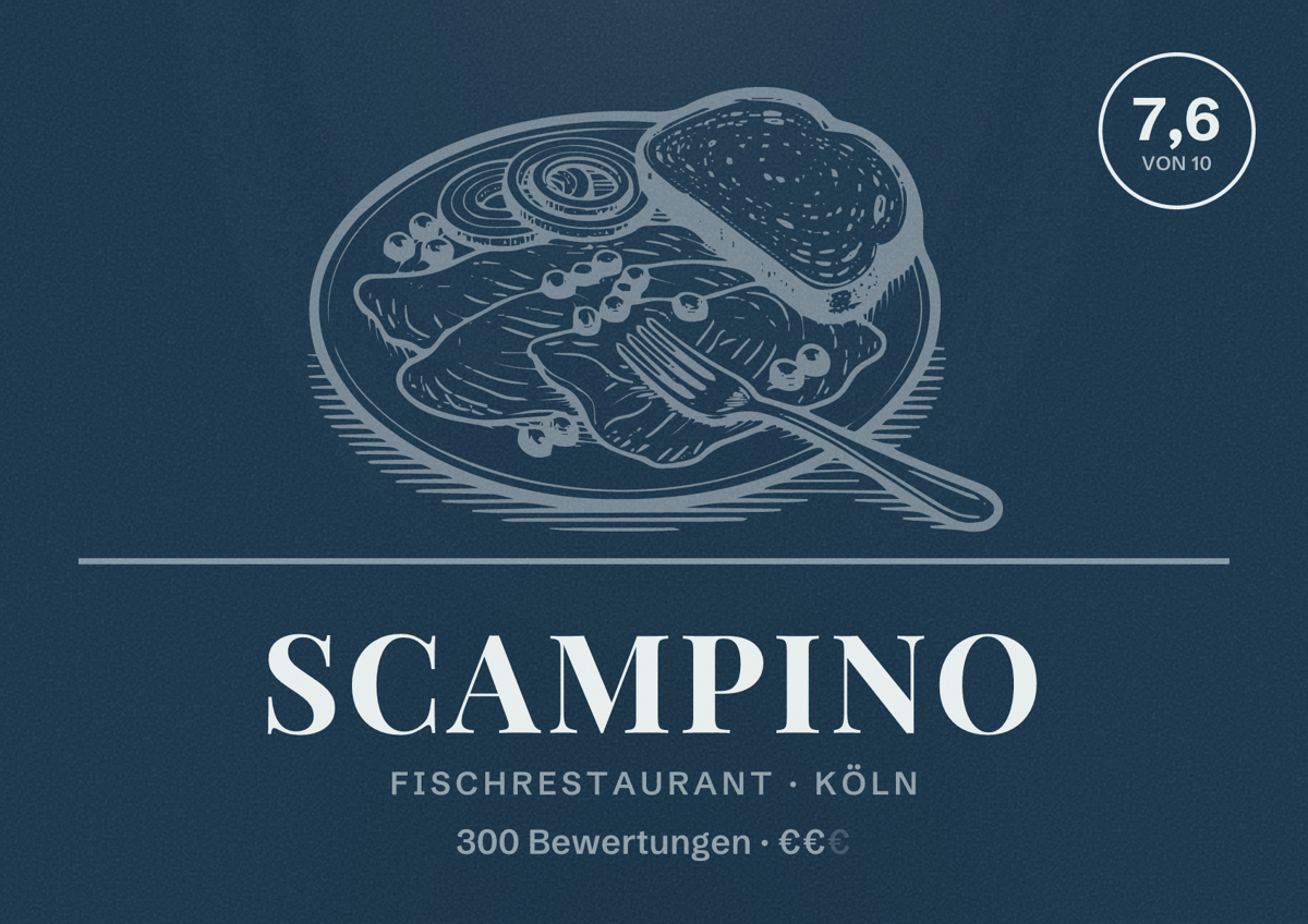 Illustriertes Poster von Scampino, Fischrestaurant in Köln: Bewertung 7,6 von 10 aus 300 Bewertungen, Preisniveau €€