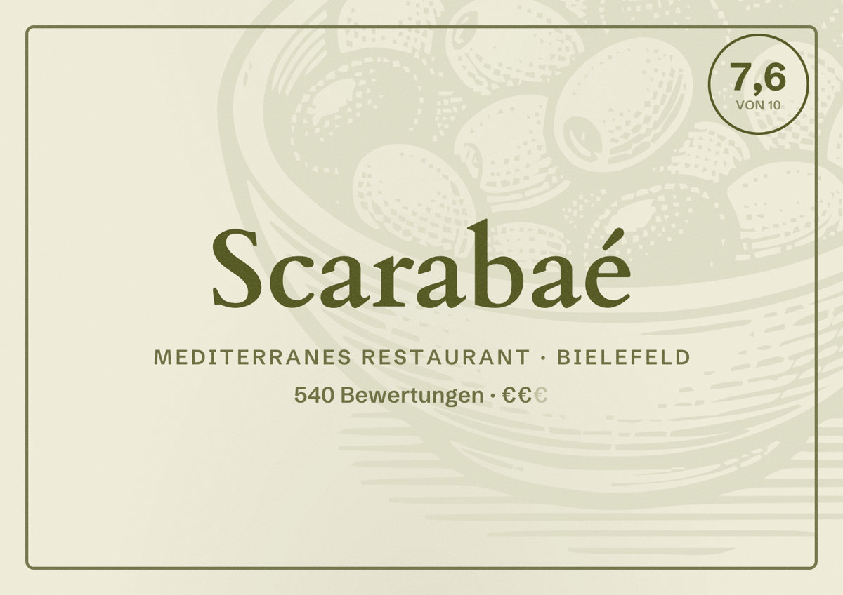 Illustriertes Poster von Scarabaé, Mediterranes Restaurant in Bielefeld: Bewertung 7,6 von 10 aus 540 Bewertungen, Preisniveau €€