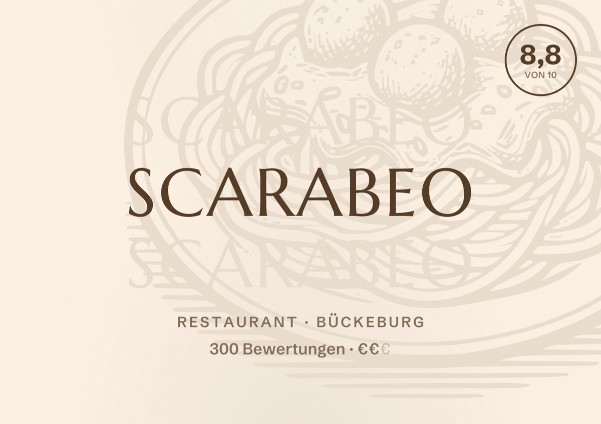 Illustriertes Poster von Scarabeo, Restaurant in Bückeburg: Bewertung 8,8 von 10 aus 300 Bewertungen, Preisniveau €€
