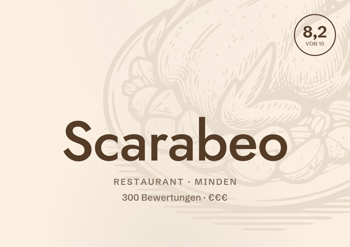 Illustriertes Poster von Scarabeo, Restaurant in Minden: Bewertung 8,2 von 10 aus 300 Bewertungen, Preisniveau €€€