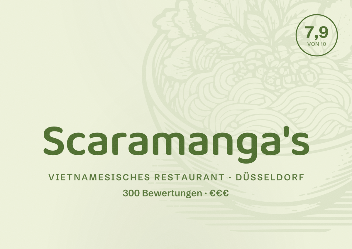 Illustriertes Poster von Scaramanga's, Vietnamesisches Restaurant in Düsseldorf: Bewertung 7,9 von 10 aus 300 Bewertungen, Preisniveau €€€