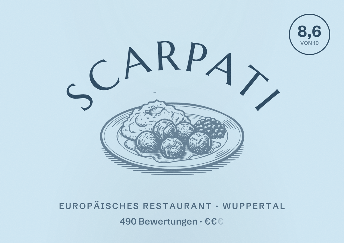 Illustriertes Poster von Scarpati, Europäisches Restaurant in Wuppertal: Bewertung 8,6 von 10 aus 490 Bewertungen, Preisniveau €€