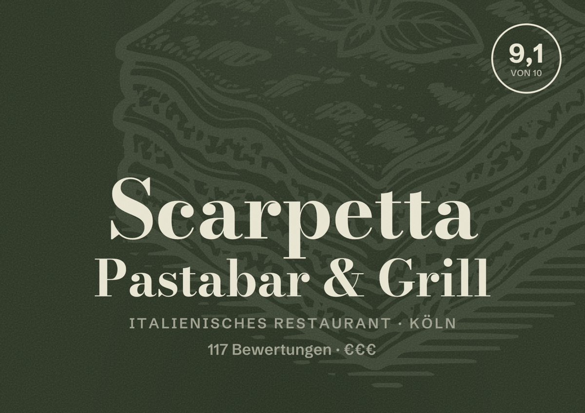 Illustriertes Poster von Scarpetta Pastabar & Grill, Italienisches Restaurant in Köln: Bewertung 9,1 von 10 aus 117 Bewertungen, Preisniveau €€€