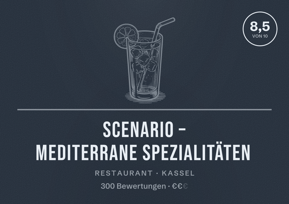 Illustriertes Poster von Scenario – Mediterrane Spezialitäten, Restaurant in Kassel: Bewertung 8,5 von 10 aus 300 Bewertungen, Preisniveau €€