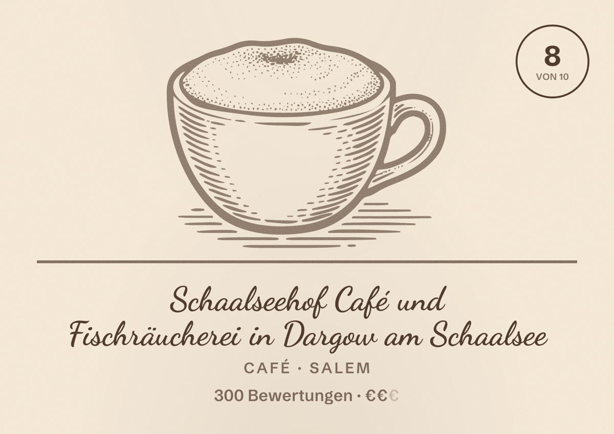 Illustriertes Poster von Schaalseehof Café und Fischräucherei in Dargow am Schaalsee, Café in Salem: Bewertung 8 von 10 aus 300 Bewertungen, Preisniveau €€