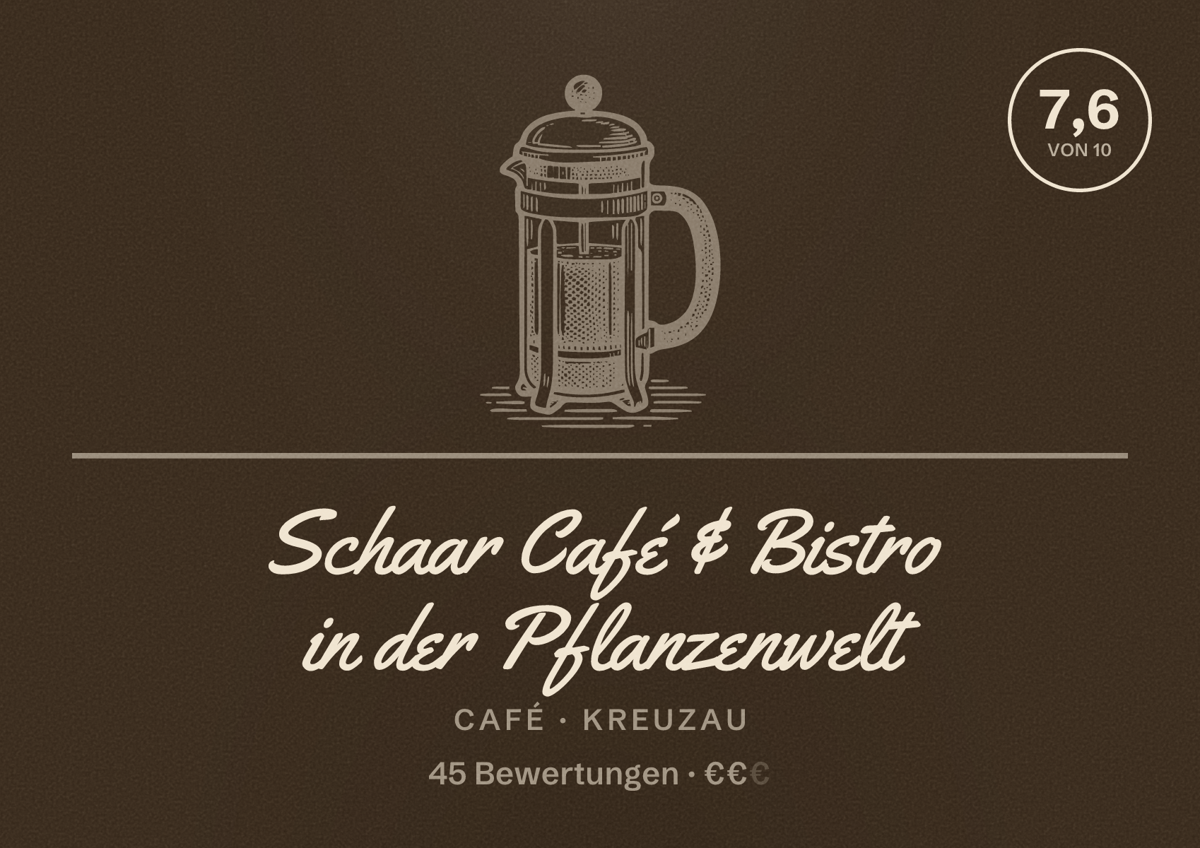 Illustriertes Poster von Schaar Café & Bistro in der Pflanzenwelt, Café in Kreuzau: Bewertung 7,6 von 10 aus 45 Bewertungen, Preisniveau €€