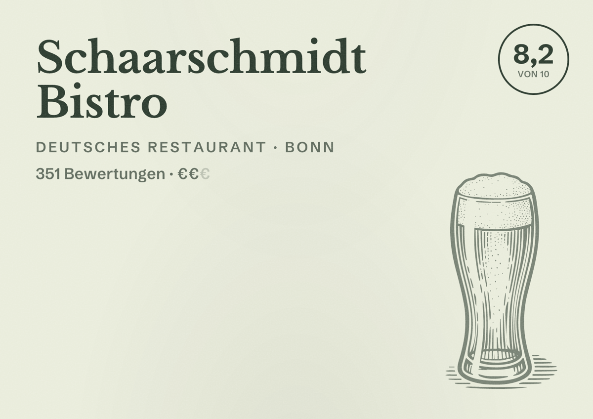 Illustriertes Poster von Schaarschmidt Bistro, Deutsches Restaurant in Bonn: Bewertung 8,2 von 10 aus 351 Bewertungen, Preisniveau €€