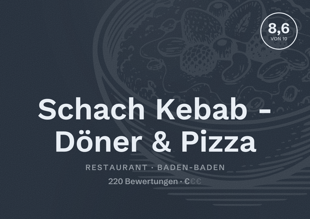Illustriertes Poster von Schach Kebab - Döner & Pizza, Restaurant in Baden-Baden: Bewertung 8,6 von 10 aus 220 Bewertungen, Preisniveau €