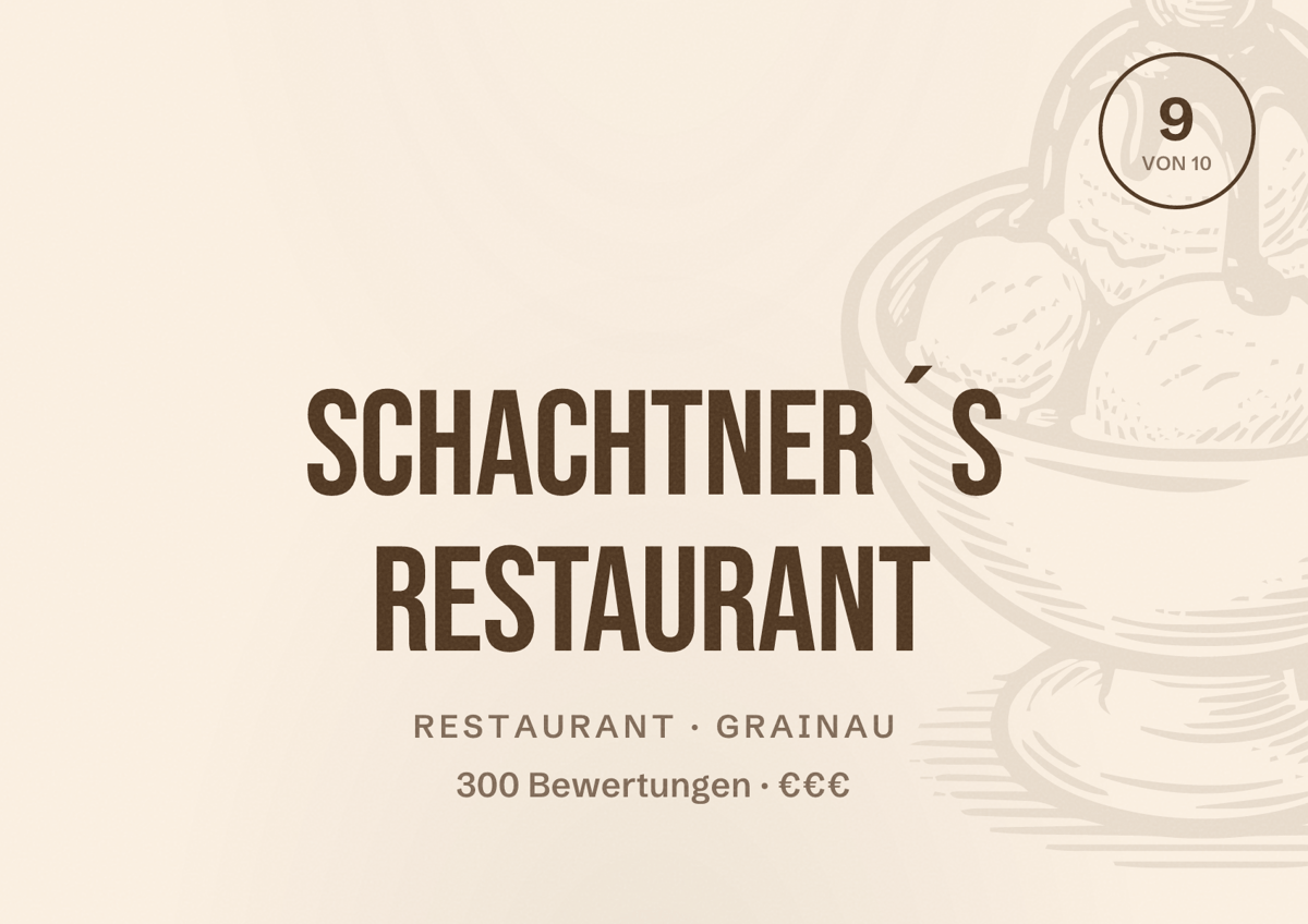 Illustriertes Poster von Schachtner´s Restaurant, Restaurant in Grainau: Bewertung 9 von 10 aus 300 Bewertungen, Preisniveau €€€