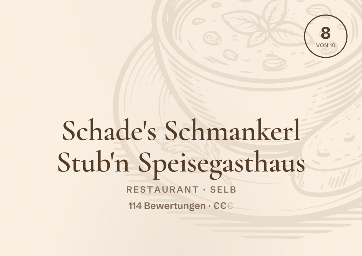 Illustriertes Poster von Schade's Schmankerl Stub'n Speisegasthaus, Restaurant in Selb: Bewertung 8 von 10 aus 114 Bewertungen, Preisniveau €€