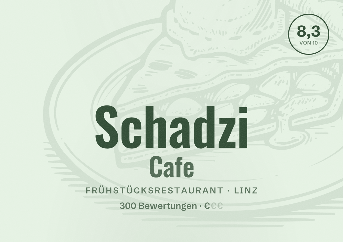 Illustriertes Poster von Schadzi Cafe, Frühstücksrestaurant in Linz: Bewertung 8,3 von 10 aus 300 Bewertungen, Preisniveau €