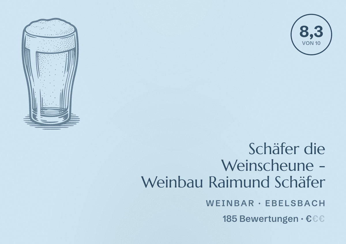 Illustriertes Poster von Schäfer die Weinscheune - Weinbau Raimund Schäfer, Weinbar in Ebelsbach: Bewertung 8,3 von 10 aus 185 Bewertungen, Preisniveau €