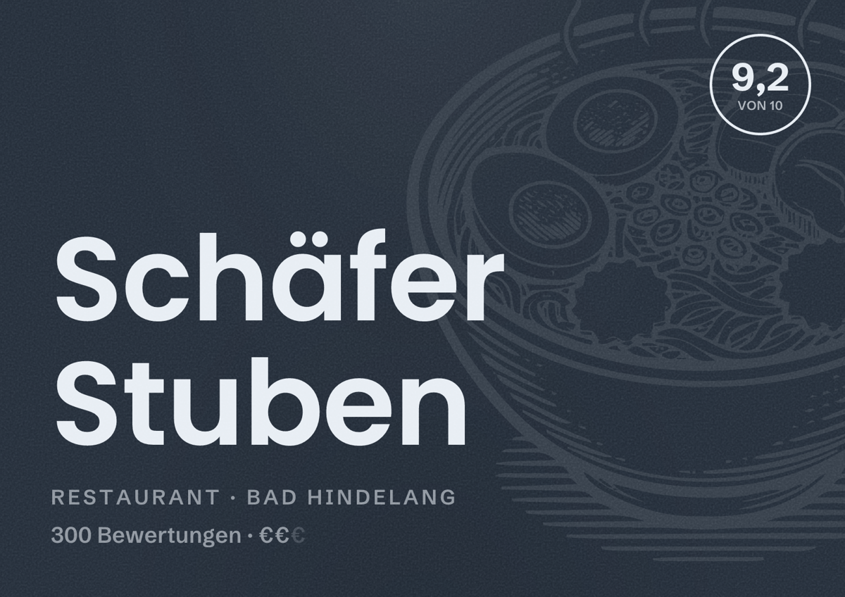 Illustriertes Poster von Schäfer Stuben, Restaurant in Bad Hindelang: Bewertung 9,2 von 10 aus 300 Bewertungen, Preisniveau €€