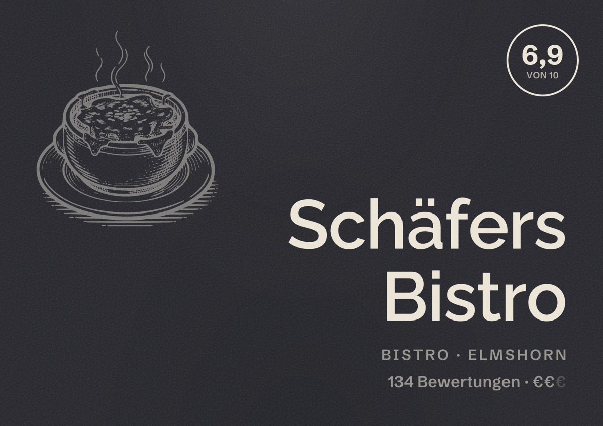 Illustriertes Poster von Schäfers Bistro, Bistro in Elmshorn: Bewertung 6,9 von 10 aus 134 Bewertungen, Preisniveau €€