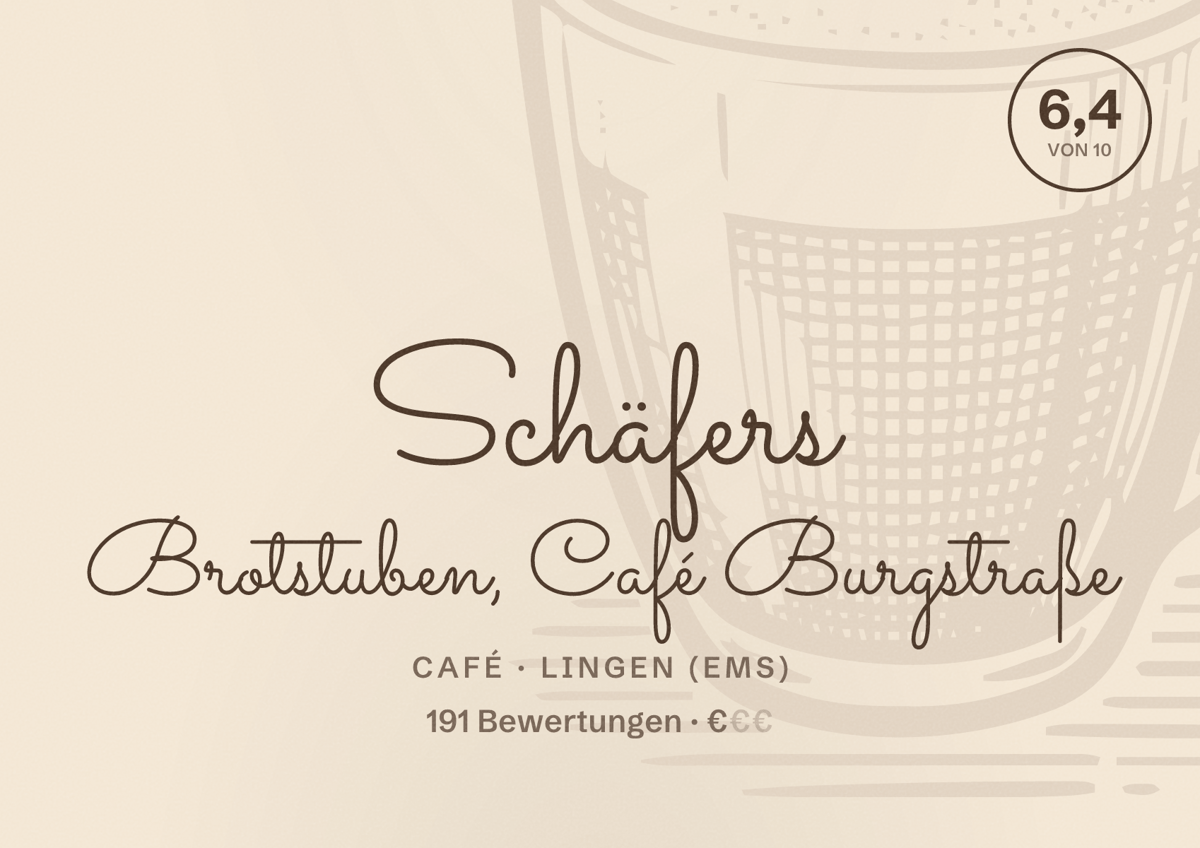 Illustriertes Poster von Schäfers Brotstuben, Café Burgstraße, Café in Lingen (Ems): Bewertung 6,4 von 10 aus 191 Bewertungen, Preisniveau €