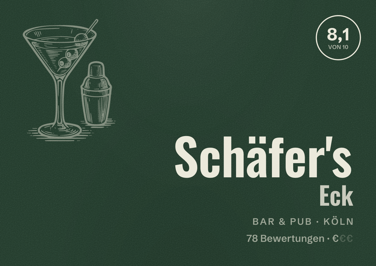 Illustriertes Poster von Schäfer's Eck, Bar & Pub in Köln: Bewertung 8,1 von 10 aus 78 Bewertungen, Preisniveau €