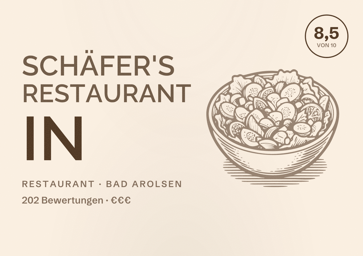 Illustriertes Poster von Schäfer's Restaurant in, Restaurant in Bad Arolsen: Bewertung 8,5 von 10 aus 202 Bewertungen, Preisniveau €€€