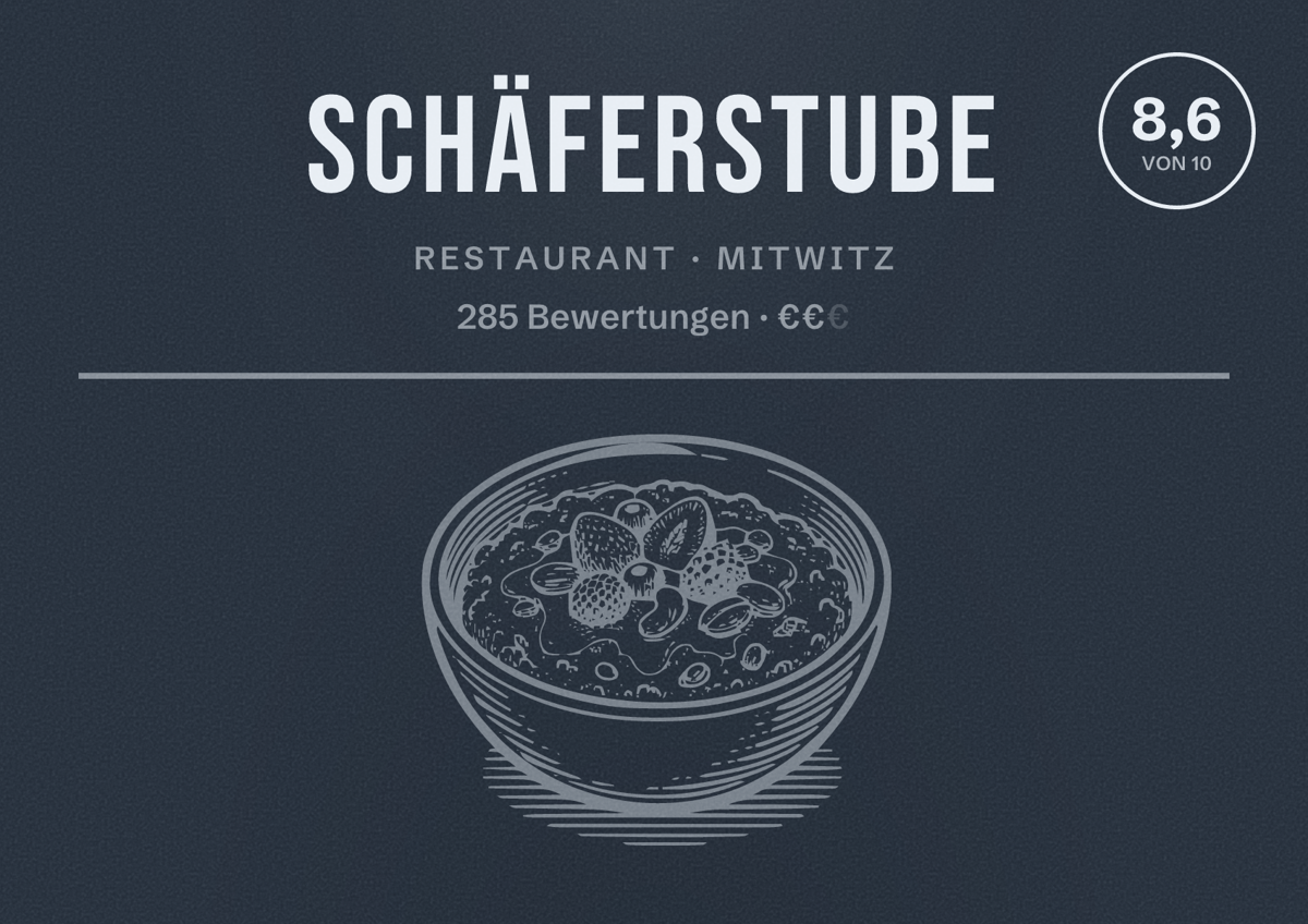 Illustriertes Poster von Schäferstube, Restaurant in Mitwitz: Bewertung 8,6 von 10 aus 285 Bewertungen, Preisniveau €€