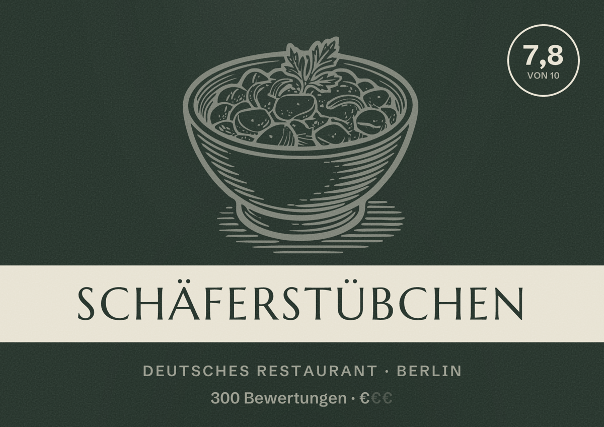 Illustriertes Poster von Schäferstübchen, Deutsches Restaurant in Berlin: Bewertung 7,8 von 10 aus 300 Bewertungen, Preisniveau €