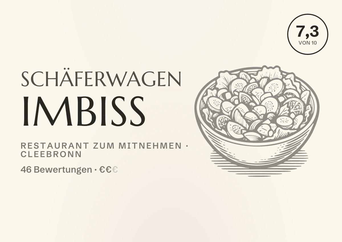Illustriertes Poster von Schäferwagen Imbiss, Restaurant zum Mitnehmen in Cleebronn: Bewertung 7,3 von 10 aus 46 Bewertungen, Preisniveau €€