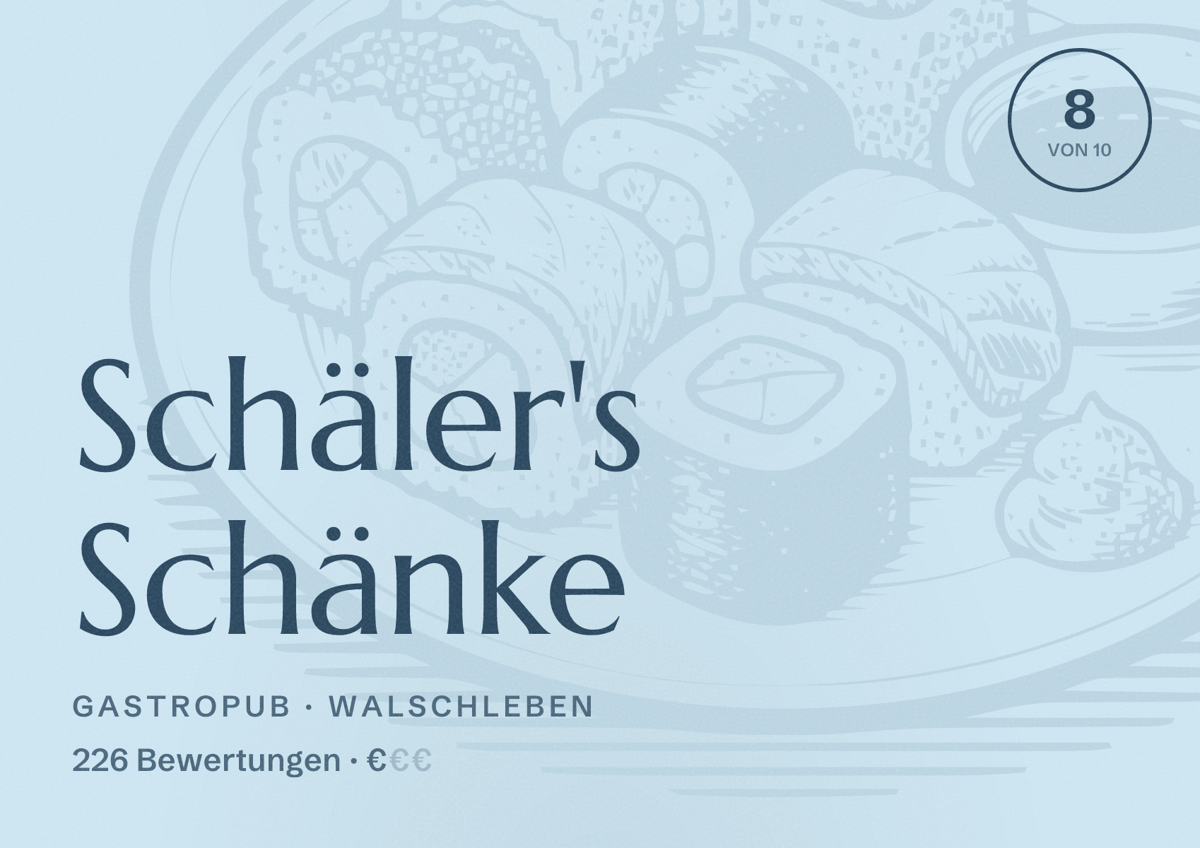Illustriertes Poster von Schäler's Schänke, Gastropub in Walschleben: Bewertung 8 von 10 aus 226 Bewertungen, Preisniveau €
