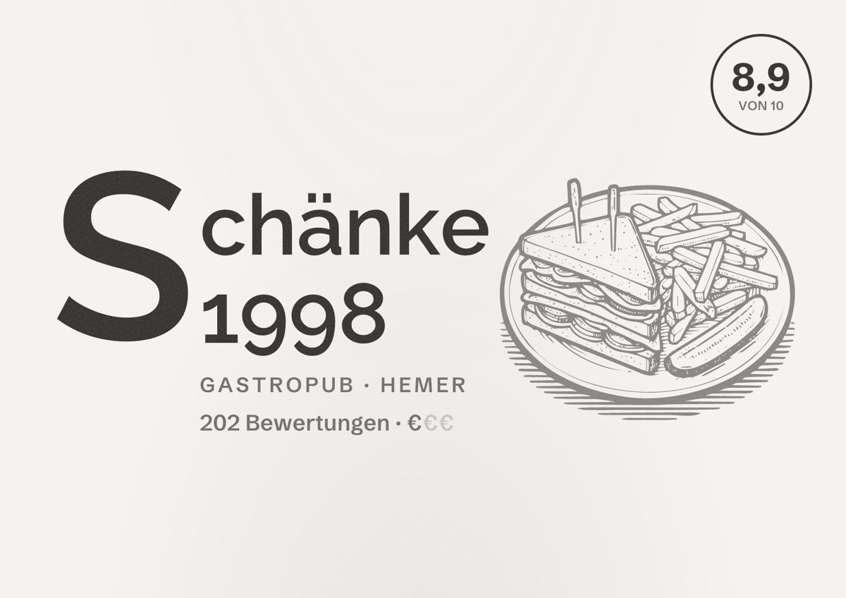 Illustriertes Poster von Schänke 1998, Gastropub in Hemer: Bewertung 8,9 von 10 aus 202 Bewertungen, Preisniveau €