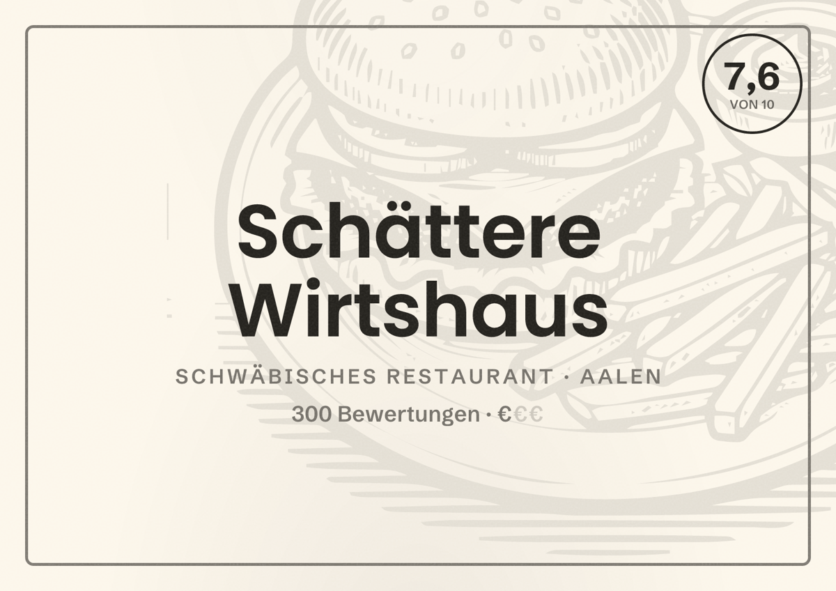 Illustriertes Poster von Schättere Wirtshaus, Schwäbisches Restaurant in Aalen: Bewertung 7,6 von 10 aus 300 Bewertungen, Preisniveau €