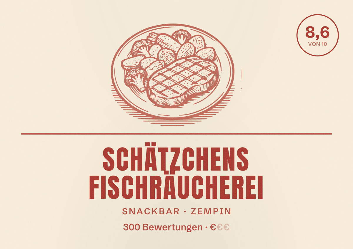 Illustriertes Poster von Schätzchens Fischräucherei, Snackbar in Zempin: Bewertung 8,6 von 10 aus 300 Bewertungen, Preisniveau €