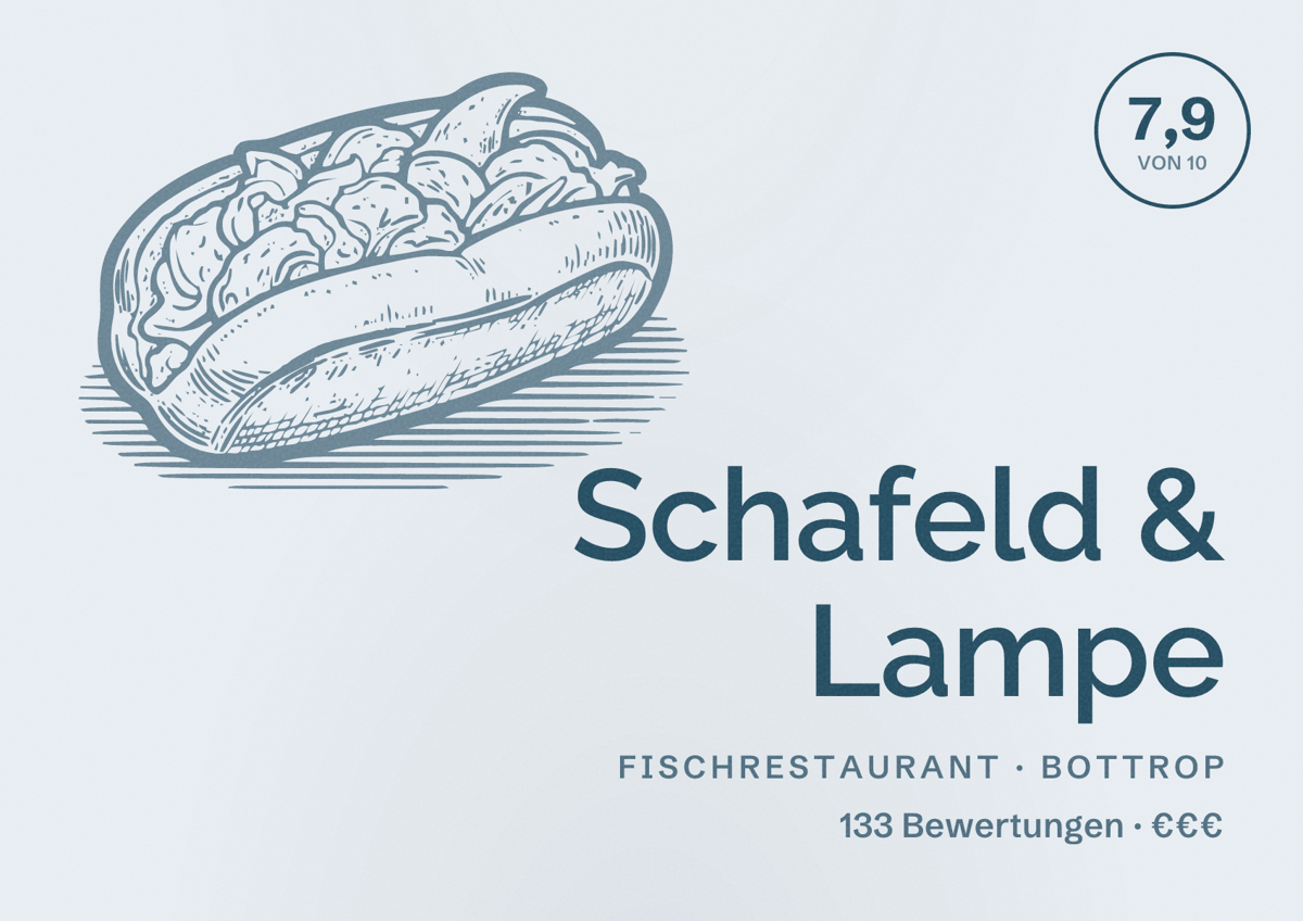 Illustriertes Poster von Schafeld & Lampe, Fischrestaurant in Bottrop: Bewertung 7,9 von 10 aus 133 Bewertungen, Preisniveau €€€