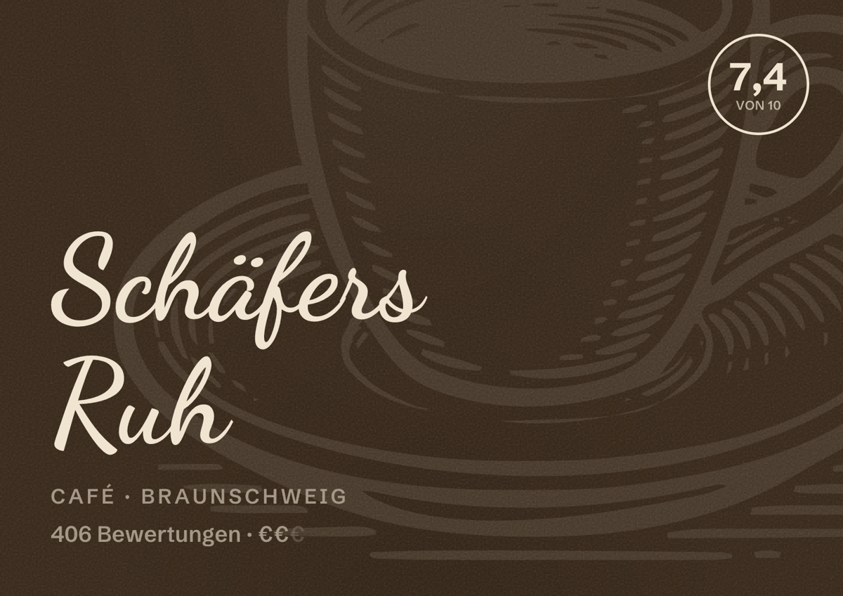 Illustriertes Poster von Schäfers Ruh, Café in Braunschweig: Bewertung 7,4 von 10 aus 406 Bewertungen, Preisniveau €€
