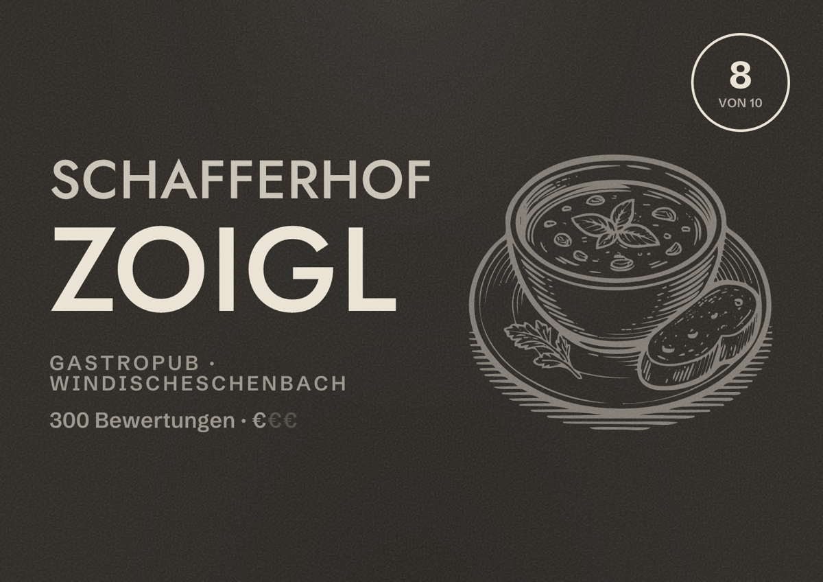 Illustriertes Poster von Schafferhof Zoigl, Gastropub in Windischeschenbach: Bewertung 8 von 10 aus 300 Bewertungen, Preisniveau €