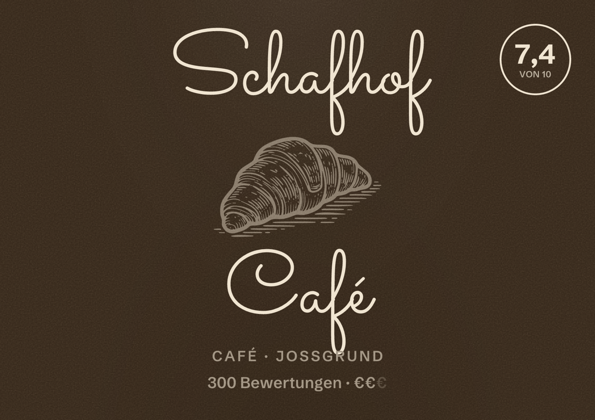 Illustriertes Poster von Schafhof Café, Café in Jossgrund: Bewertung 7,4 von 10 aus 300 Bewertungen, Preisniveau €€
