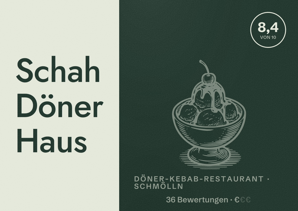 Illustriertes Poster von Schah Döner Haus, Döner-Kebab-Restaurant in Schmölln: Bewertung 8,4 von 10 aus 36 Bewertungen, Preisniveau €
