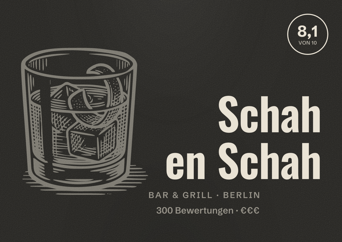Illustriertes Poster von Schah en Schah, Bar & Grill in Berlin: Bewertung 8,1 von 10 aus 300 Bewertungen, Preisniveau €€€
