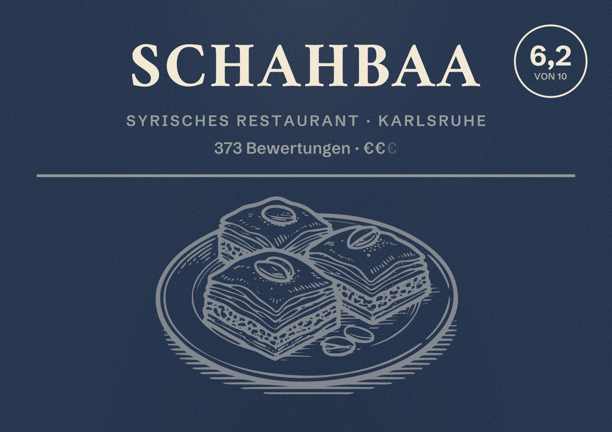 Illustriertes Poster von Schahbaa, Syrisches Restaurant in Karlsruhe: Bewertung 6,2 von 10 aus 373 Bewertungen, Preisniveau €€