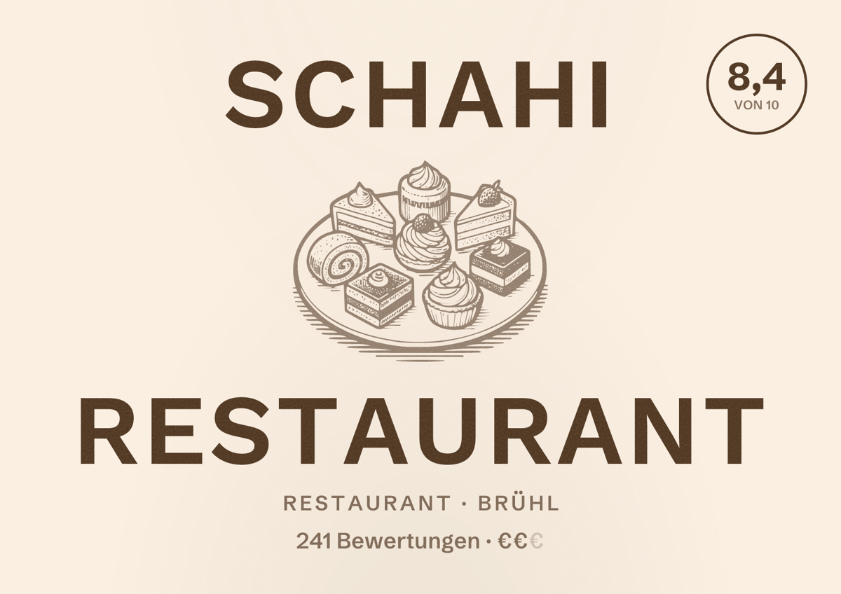 Illustriertes Poster von Schahi Restaurant, Restaurant in Brühl: Bewertung 8,4 von 10 aus 241 Bewertungen, Preisniveau €€