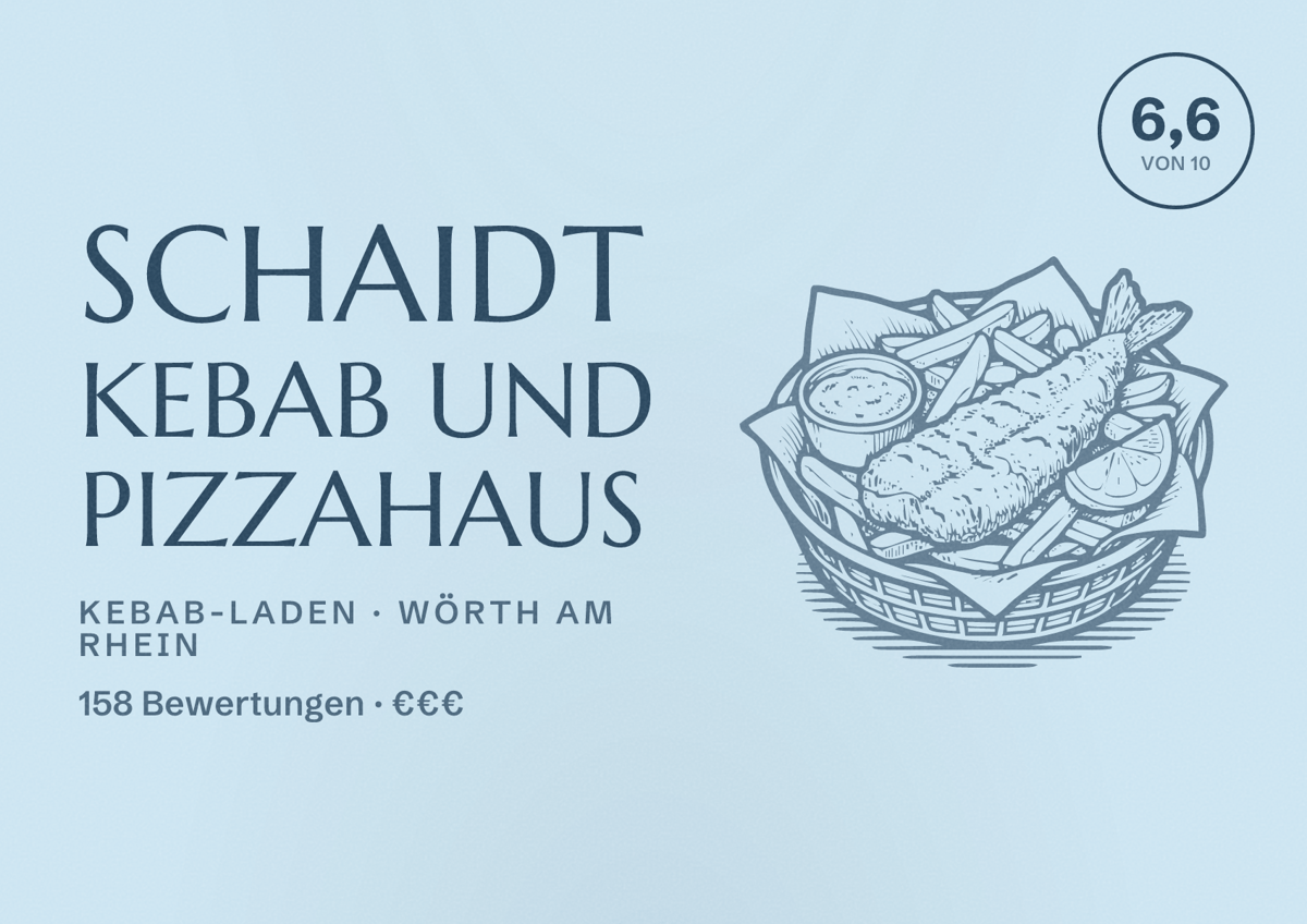 Illustriertes Poster von Schaidt Kebab und Pizzahaus, Kebab-Laden in Wörth am Rhein: Bewertung 6,6 von 10 aus 158 Bewertungen, Preisniveau €€€