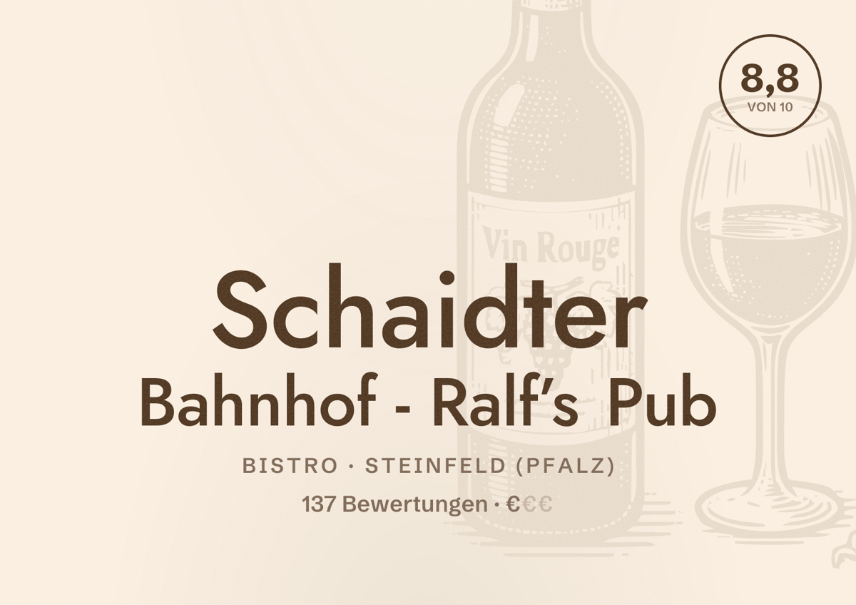 Illustriertes Poster von Schaidter Bahnhof - Ralf’s Pub, Bistro in Steinfeld (Pfalz): Bewertung 8,8 von 10 aus 137 Bewertungen, Preisniveau €